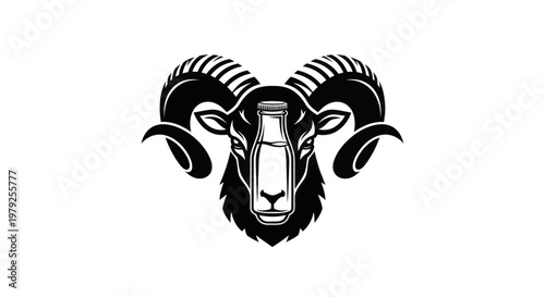 Stylized black and white ram illustration with milk bottle symbol