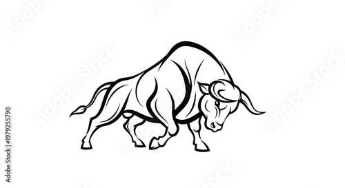 Stylized black and white illustration of a powerful bull on white background