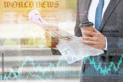 Foto Double exposure of graphs and businessman with newspaper and coffee outdoors, cl
