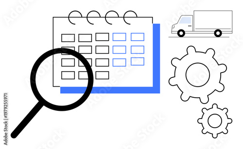 Logistics, supply chain, business planning, scheduling, inventory management, workflow optimization. Magnifying glass focused on a calendar, truck and gear symbols. Logistics and supply chain