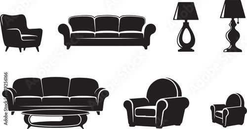 Furniture icons including sofas and lamps in black silhouette style