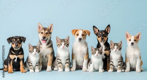 Group of dogs and cats posing on light blue background