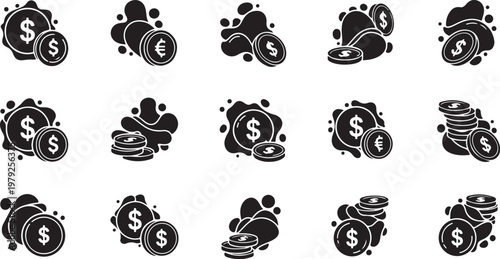 Money icons and currency symbols in black