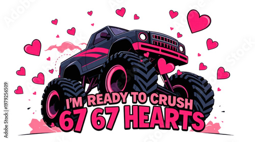 Monster Truck Crushing Hearts Valentines Day Design with Pink Accents