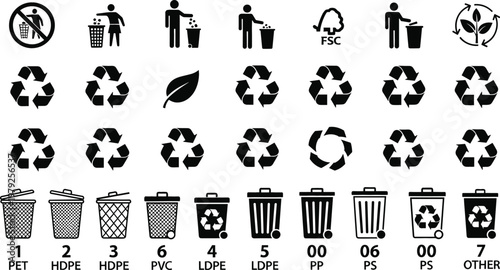 Recycling Icons Set Featuring Waste Sorting, Plastic Types, and Eco-friendly Disposal for Environmental Sustainability and Waste Management Designs.