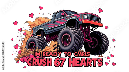 Monster Truck Crushing Sixty Seven Hearts Valentines Day Graphic