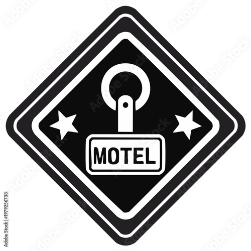 Black and white motel sign with stars in a diamond shape.
