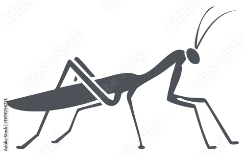 Simple graphic silhouette of a stylized praying mantis. Minimalist insect vector icon.