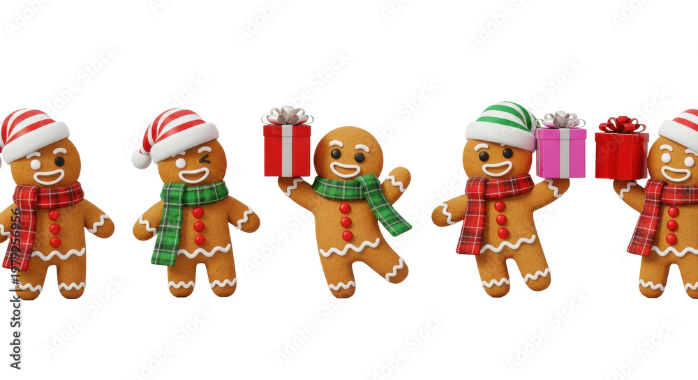 Fototapeta premium A group of six adorable 3d cartoon gingerbread men characters, dressed in festive santa hats and plaid scarves, holding glossy wrapped gift boxes against a white background, playful holiday