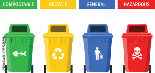 Color-Coded Waste Sorting Bin Icon Set Featuring Compostable, Recyclable, General, and Hazardous Waste Bins for Environmental Sustainability and Waste Management.