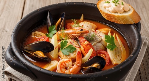 Seafood Stew with Bread on Wooden Table.