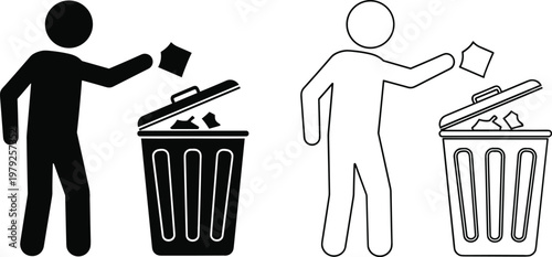 Littering Prevention and Waste Disposal Icons Set Featuring Person Disposing Trash in Bin for Environmental Awareness and Public Health.