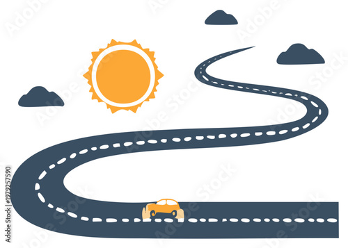 Winding road with a car driving towards the sun and clouds ahead