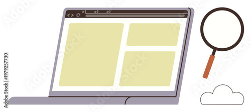 Online exploration, research analysis, data evaluation, workflow, digital tools, cloud storage. A laptop with a browser window, magnifying glass and cloud icon. Online exploration and research