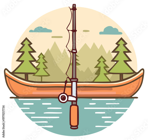 Tranquil Canoe Fishing Scene: Graphic illustration of a canoe on a lake with fishing rod, pine trees, mountains and clouds. Outdoor adventure and relaxation concept.