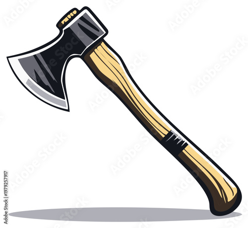Illustration of a vintage hand axe with a wooden handle and sharp metal blade