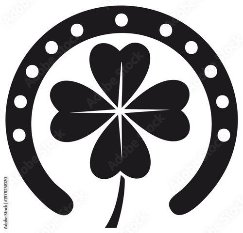 Lucky charm symbols of a four-leaf clover inside a horseshoe with decorative dots