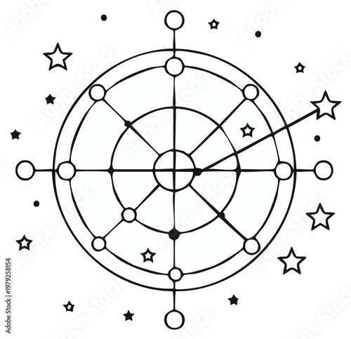 Astrology Celestial Wheel with Stars, Geometric Zodiac Design Element, Minimalist Black and White Outline