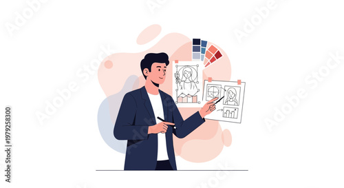 Graphic designer presenting project with sketches and color palette, creative process illustration