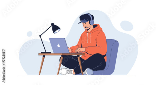 Gamer wearing headset working on laptop at desk with lamp, illustration