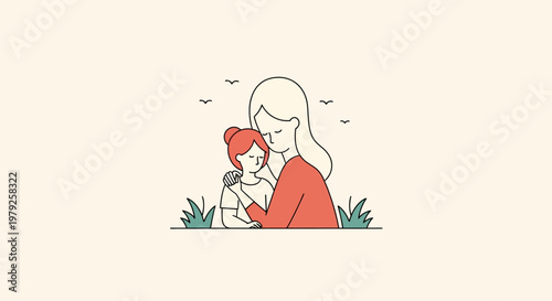 Loving Mother Embracing Daughter Outdoors, Gentle Connection, Minimalist Illustration, Family Bond