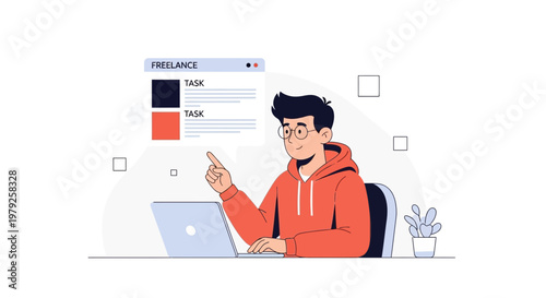 Freelancer working on laptop, managing tasks online, remote work concept