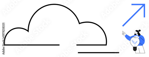 Technology, innovation, data storage, growth, creativity, productivity. Person holding a lightbulb near a cloud outline and an upward arrow. Technology and growth concept