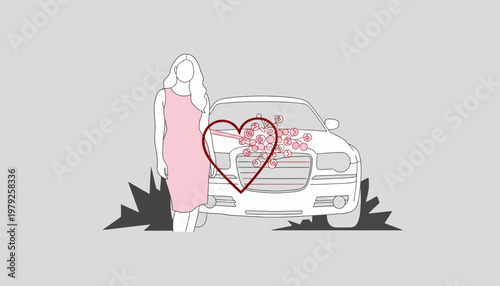 Woman in Pink Dress by Decorated Car with Heart and Flowers, Romantic Surprise Gift or Wedding Transportation Concept
