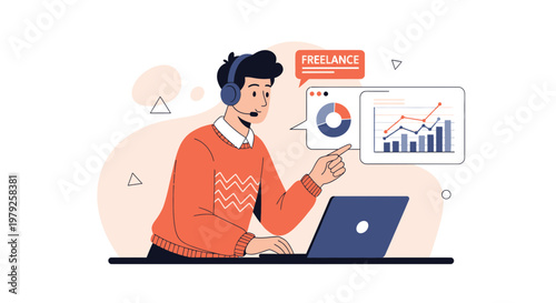 Freelancer working on laptop with charts and graphs, remote work concept