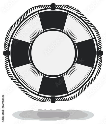 Circular life preserver with rope detail and black and white panels for safety and rescue illustration