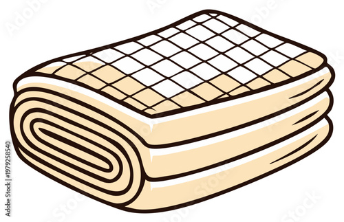 Cozy stack of folded blankets and a quilted duvet cover cartoon illustration vector graphic design