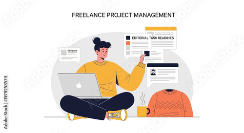 Freelance Project Management: Person working on laptop with tasks and coffee