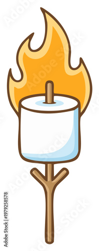 Cartoon Marshmallow on a Stick being Roasted over an Open Fire, camping fun
