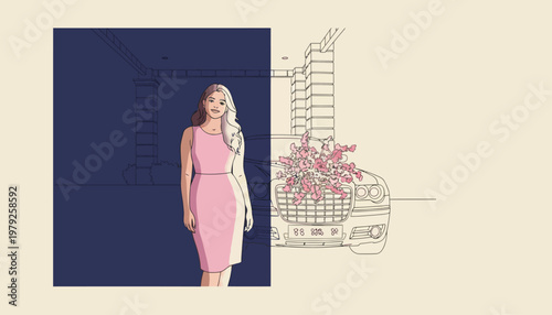 Elegant Woman in Pink Dress, Modern Architecture and Car Sketch Composite