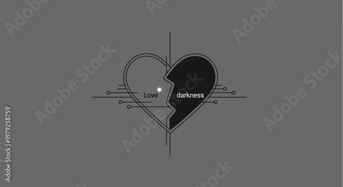 Abstract Broken Heart with "Love" and "Darkness" Text, Digital Lines, Representing Relationship Conflict