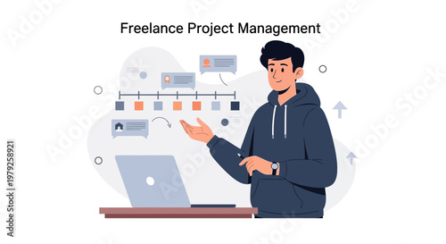 Freelance Project Management: Man with Laptop and Timeline