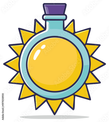 Cartoon Sun Shaped Potion Bottle with Yellow Liquid and Purple Stopper Icon