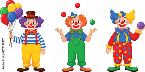 Set of Colorful Clowns with Balloons and Juggling Balls for Fun and Entertainment Designs