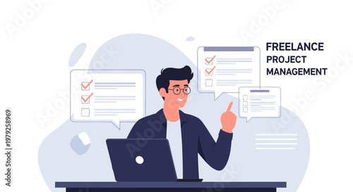 Freelance Project Management: Man with Laptop and Checklists, Task Completion Concept