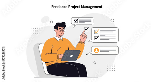 Freelance Project Management: Man with laptop and checklist, modern illustration