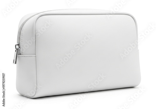 Isolated clean white cosmetic bag, zipper pouch for travel accessories, vanity makeup storage case for beauty essentials