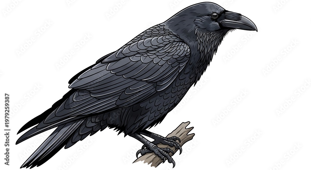 Fototapeta premium Raven perched on a branch illustration