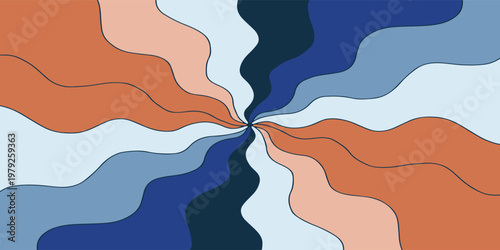 Abstract psychedelic wavy pattern with radiating lines in shades of blue and orange, creating a swirling vortex effect.