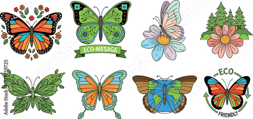 Eco-Friendly Butterfly Illustrations with Floral Elements and Environmental Messages, Vector Art for Green Awareness