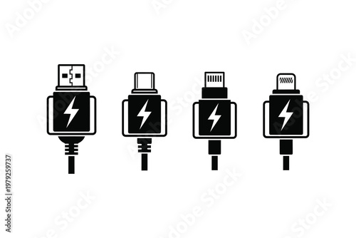 Set of four different types of charging cables with lightning bolts, USB-A, USB-C, and Micro-USB connectors, isolated on white background.