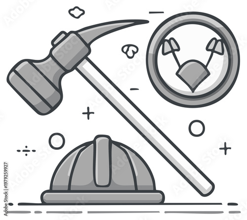 Mining tools illustration of pickaxe helmet and badge