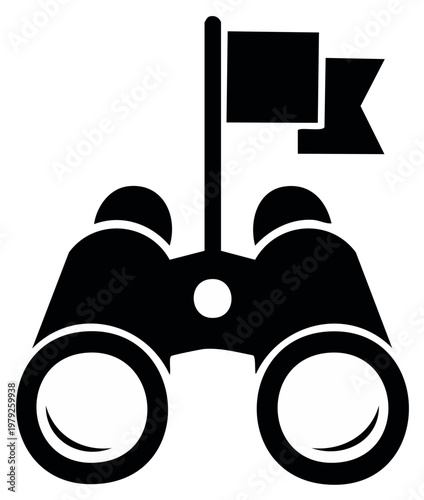 Binoculars icon vector with flag symbol isolated for searching destination or opportunity scouting mission