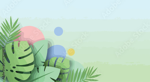 Tropical Green Leaves and Pastel Shapes Vector Background