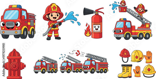 Cute Firefighter Characters and Equipment, Fire Trucks, Fire Hose, Extinguishers, Helmets, Boots, and Rescue Tools, Vector Illustration