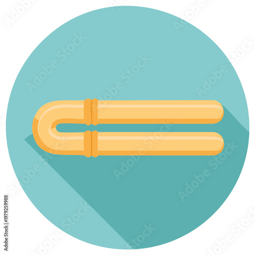 Illustrative image of a brass trombone instrument inside of a turquoise circle, side view.